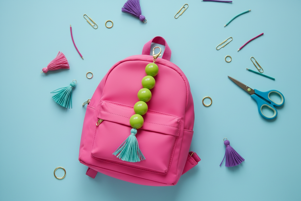 Pink backpack with green beads and tassels on a blue background
