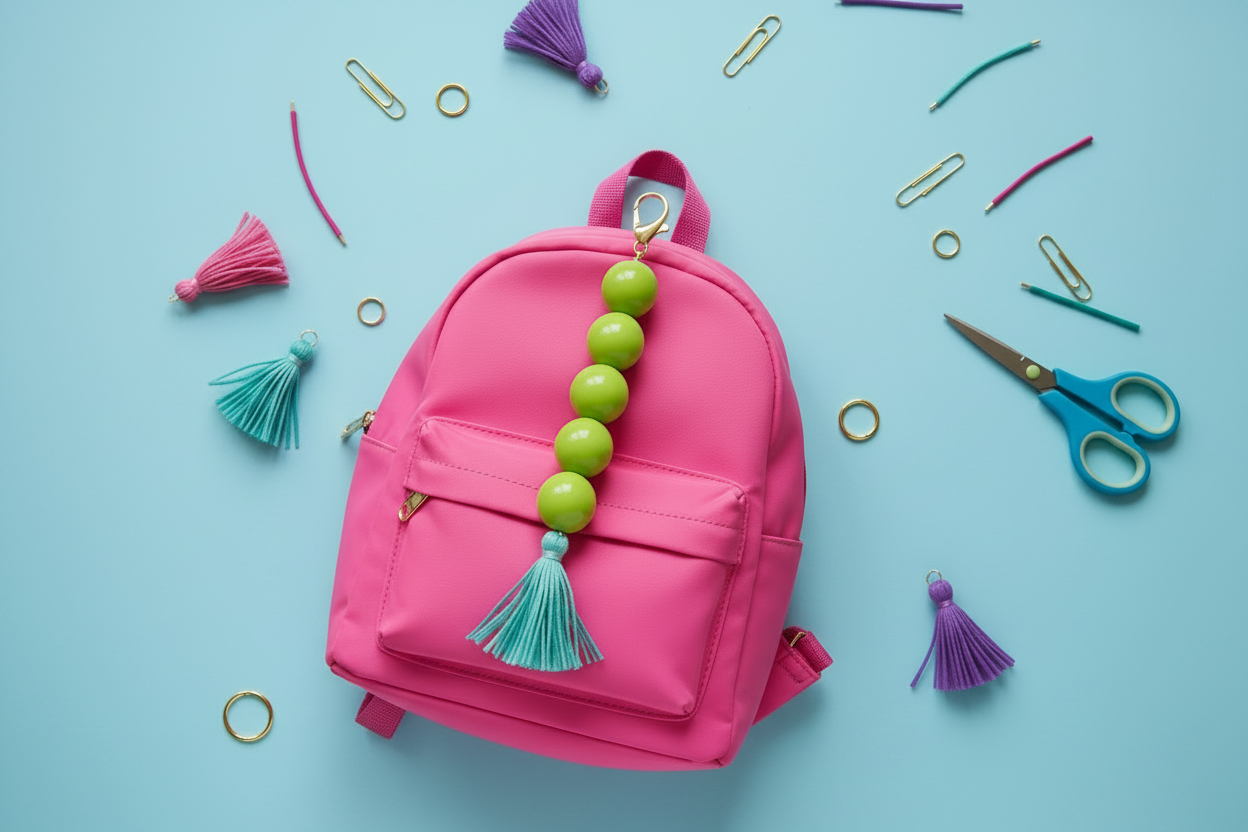 Pink backpack with green beads and tassels on a blue background
