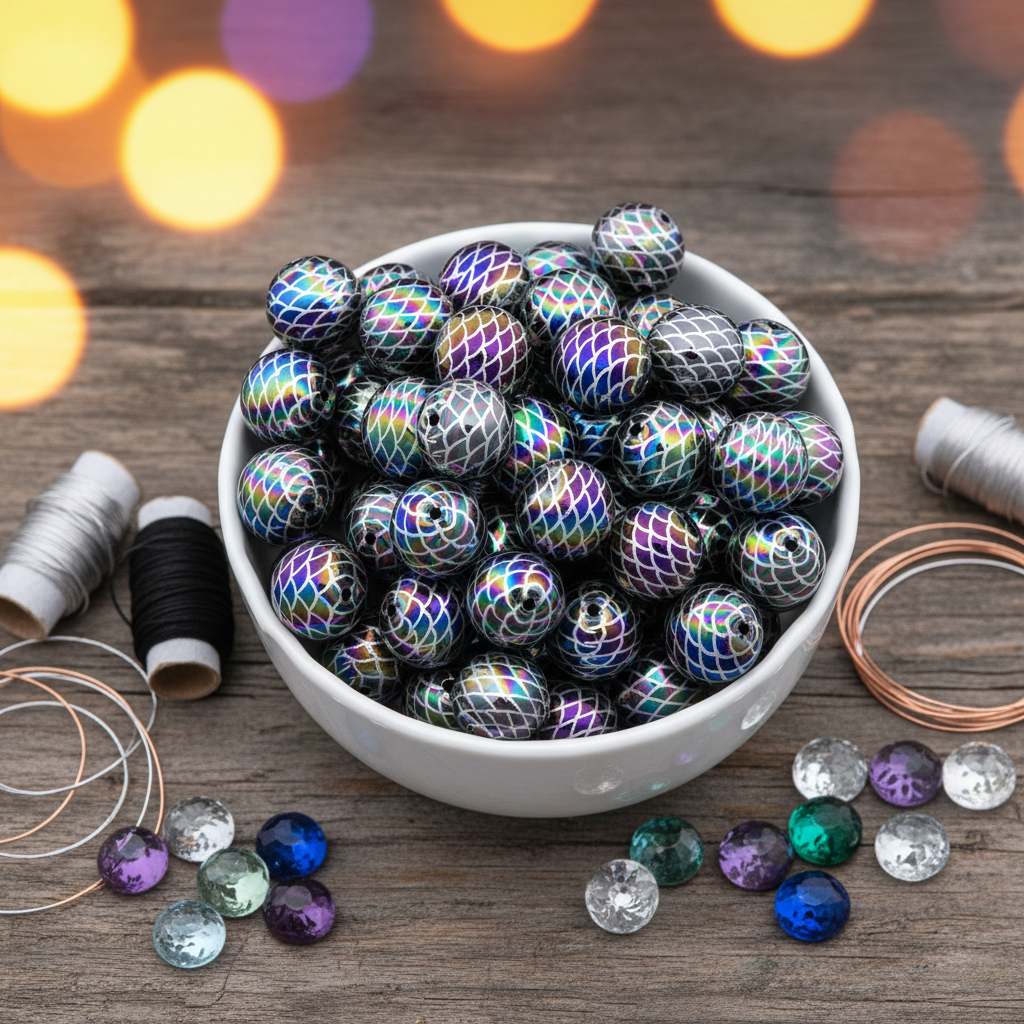 A white ceramic bowl filled with round iridescent beads featuring a purple, blue, green, and silver mermaid scale pattern, displayed on a rustic wooden surface with spools of thread and loose beads.