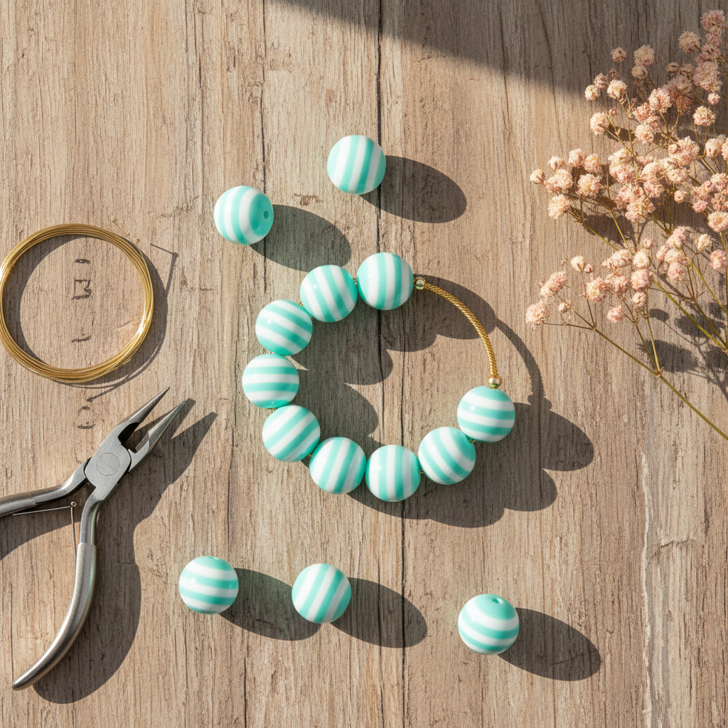 Mint green and white striped round beads arranged on a rustic wooden surface with a gold wire loop, metal pliers, and dried baby's breath flowers.
