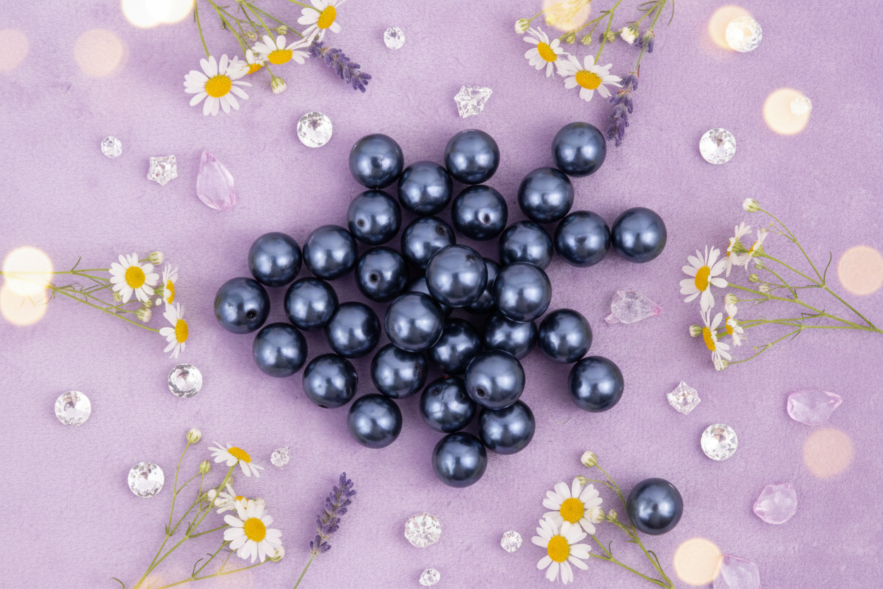 dark blue metallic beads on a purple background with flowers and decorative elements