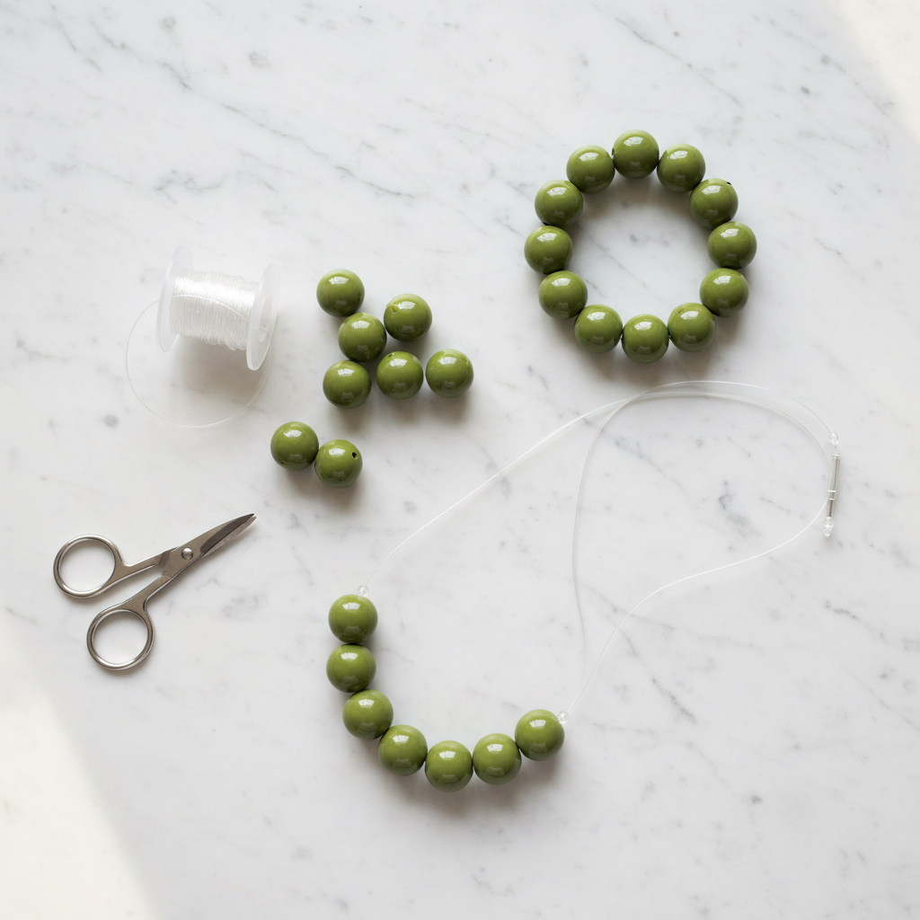 Green beads on a marble surface with scissors and a spool of elastic.