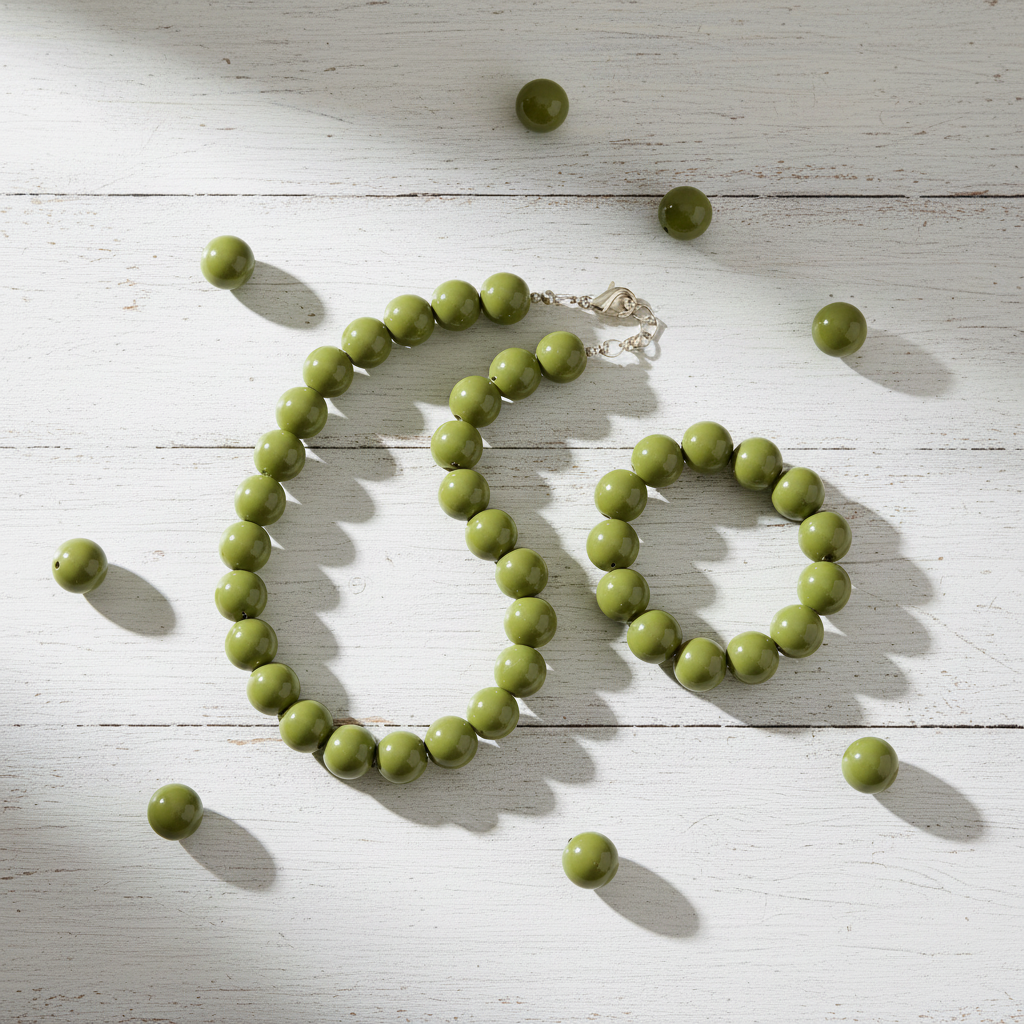 Green beads displayed as a beaded necklace on a white wooden surface with scattered beads.