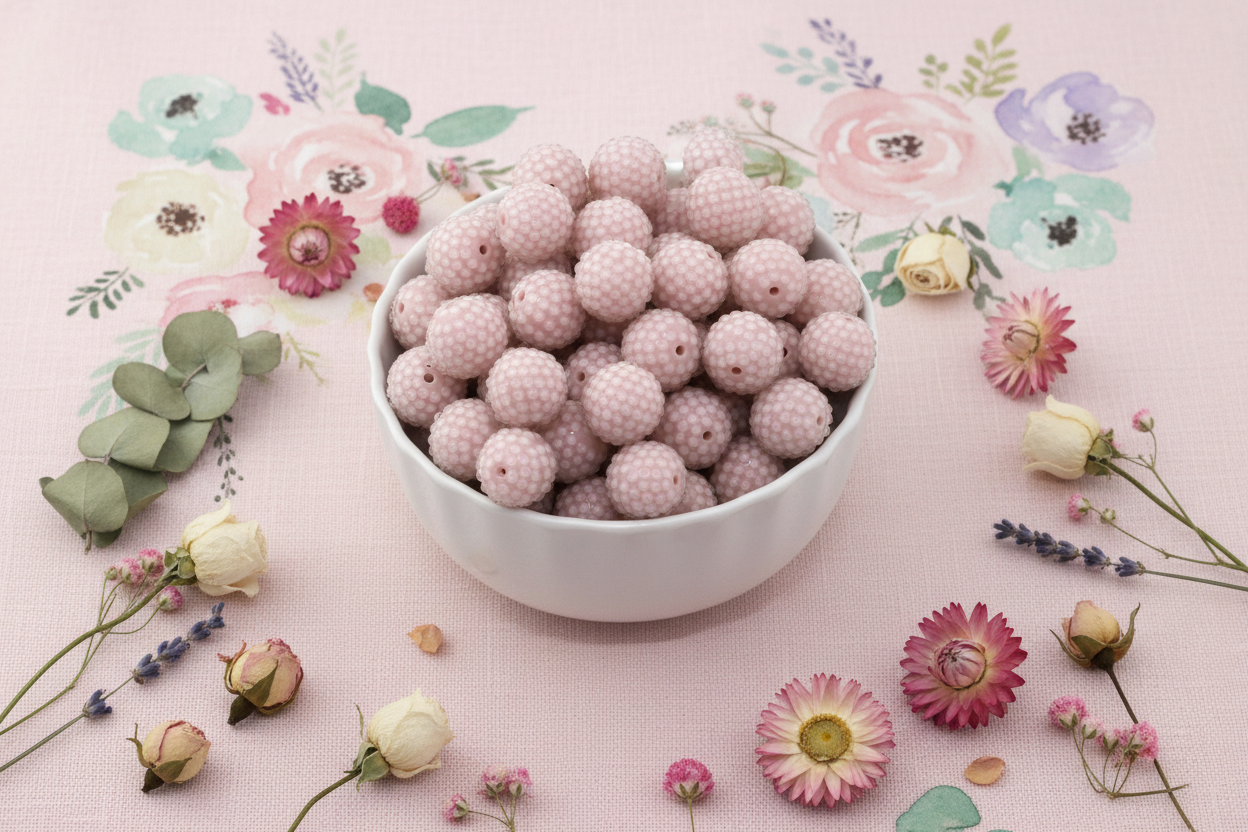 White bowl filled with pink rhinestone beads on a pink floral background