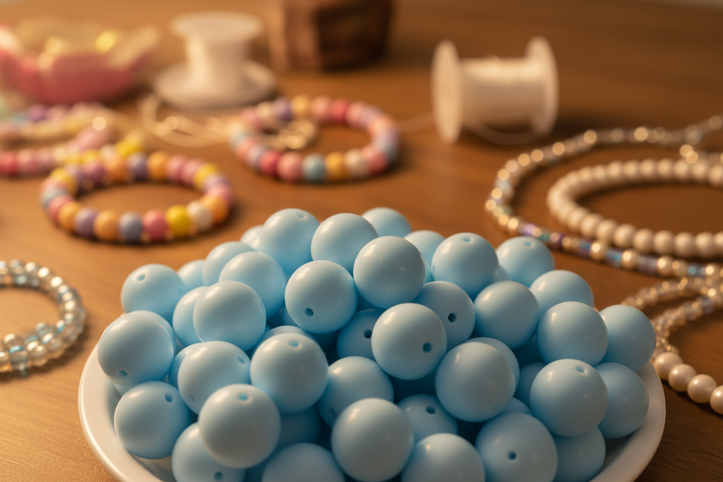 Blue beads on a white plate with jewelry-making supplies in the background