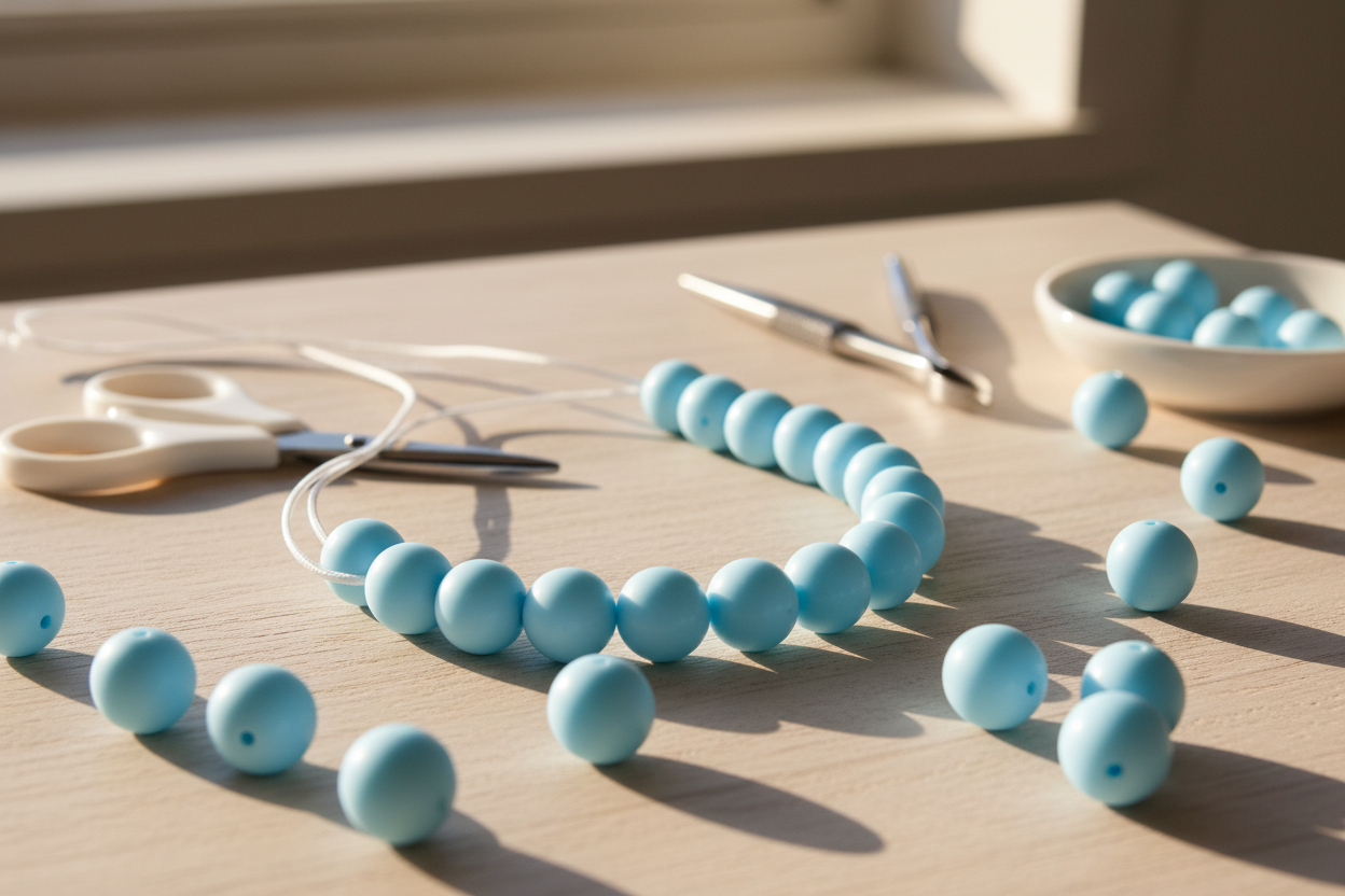 Blue beads on a wooden surface with scissors and additional beads in the background