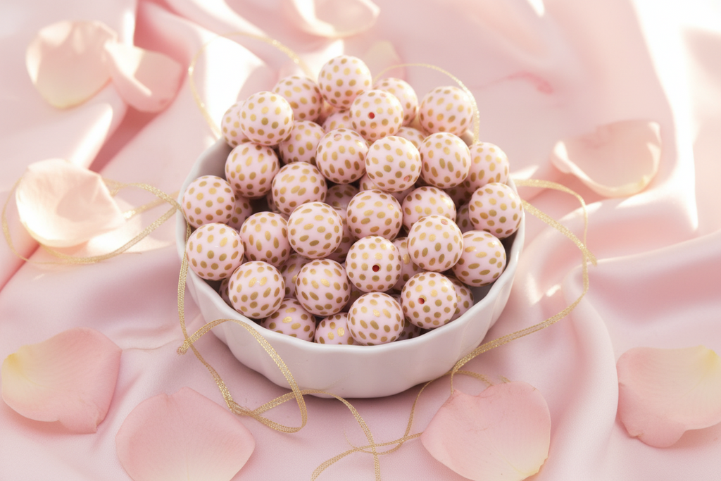 A white ceramic bowl filled with round pink beads featuring a gold polka dot pattern, styled on draped pink satin fabric with scattered rose petals.
