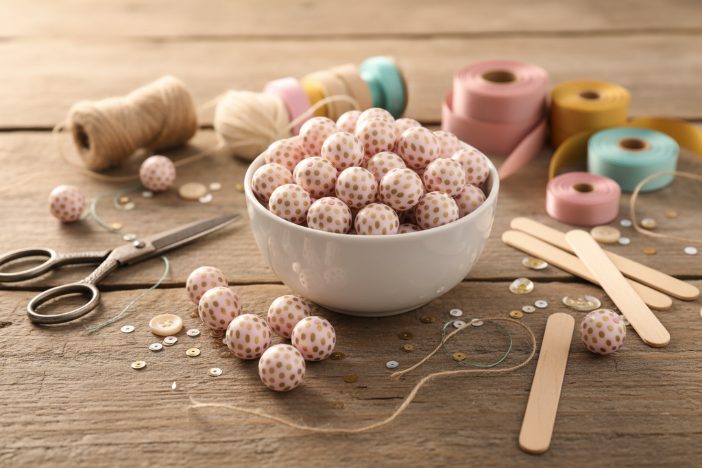 A white ceramic bowl filled with pink and gold polka-dot craft beads, arranged on a rustic wooden table with scissors, spools of thread, wooden sticks, and loose beads.
