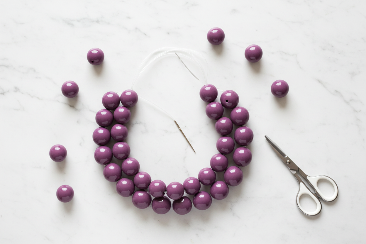 Purple beads shown in a craft with scissors on a white background