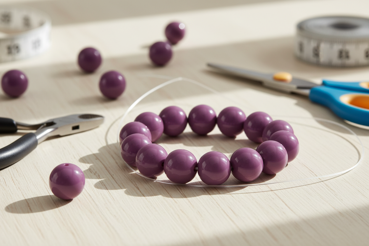 Purple beads shown as bracelet on a white surface with tools like scissors and pliers.