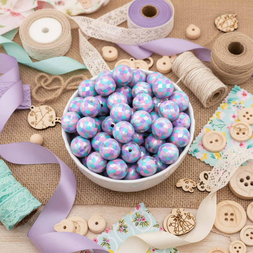A white bowl filled with  pink, blue, and purple, mermaid scale print beads surrounded by craft supplies like ribbons, lace, twine, buttons, and wooden embellishments on a burlap surface.