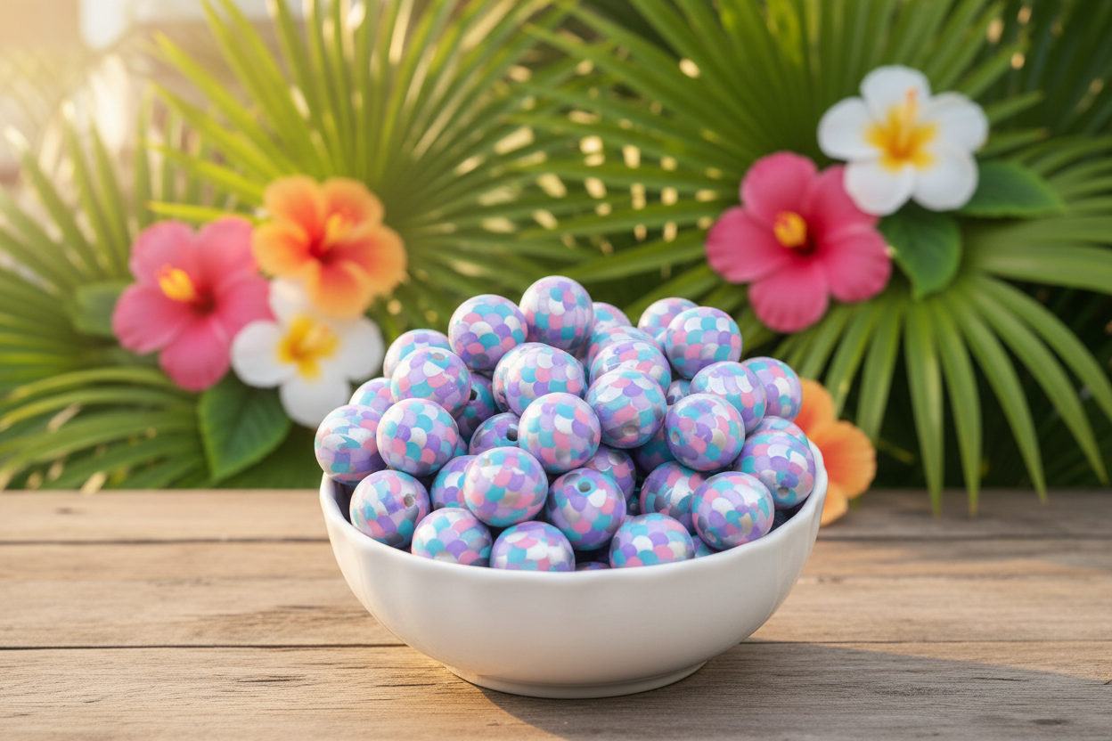 A white ceramic bowl filled with  pink, blue, and purple, mermaid scale print beads set on a wooden surface with tropical green leaves and hibiscus flowers in the background.
