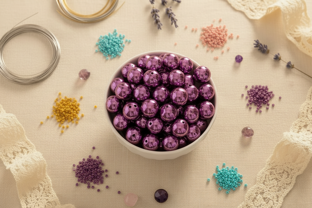 Purple metallic beads in a bowl with scattered beads and lace on a light background