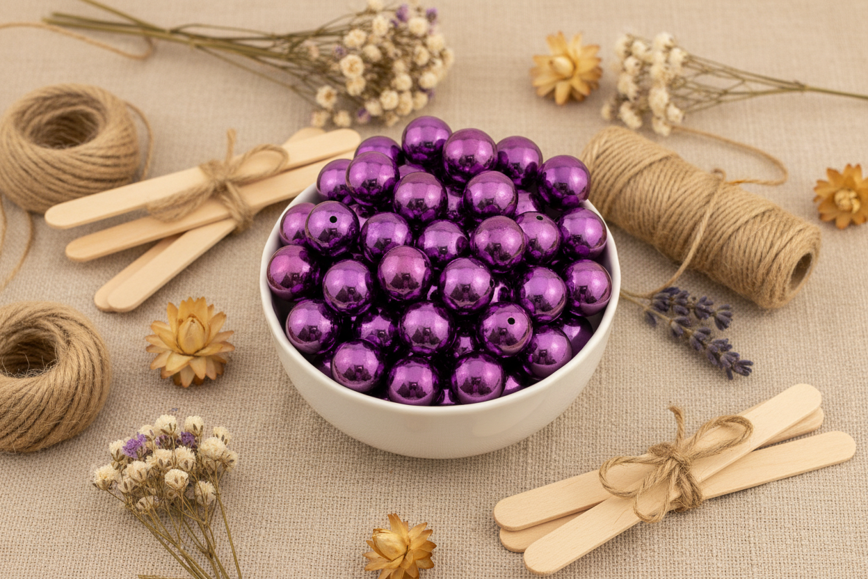 White bowl filled with metallic purple beads on a textured surface with twine and flowers.