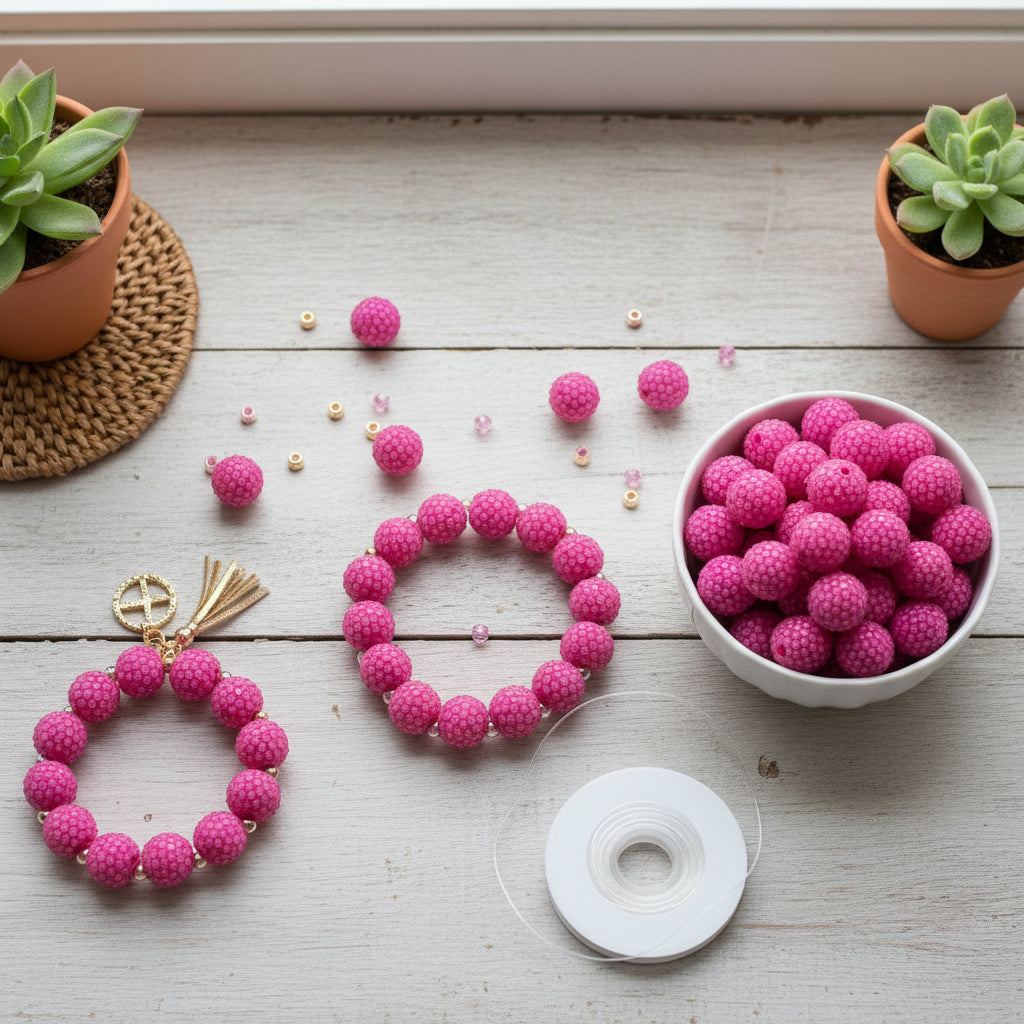 pink rhinestone bubblegum beads shown in a white ceramic bowl along side the same beads shown in bracelet projects. on a light wood surface with potted plants. 