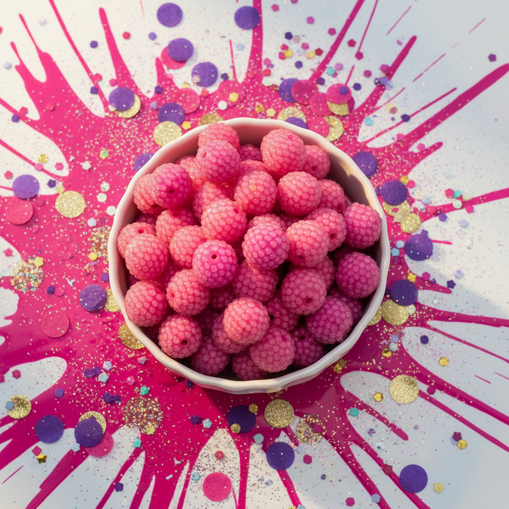 A top-down view of a small white bowl filled with pink rhinestone bubblegum beads, placed on a white surface with bright pink paint splatters and scattered gold, purple, and pink confetti.