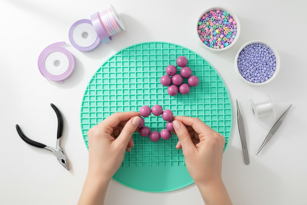 Person making a bracelet with purple beads on a green mat, surrounded by crafting supplies.