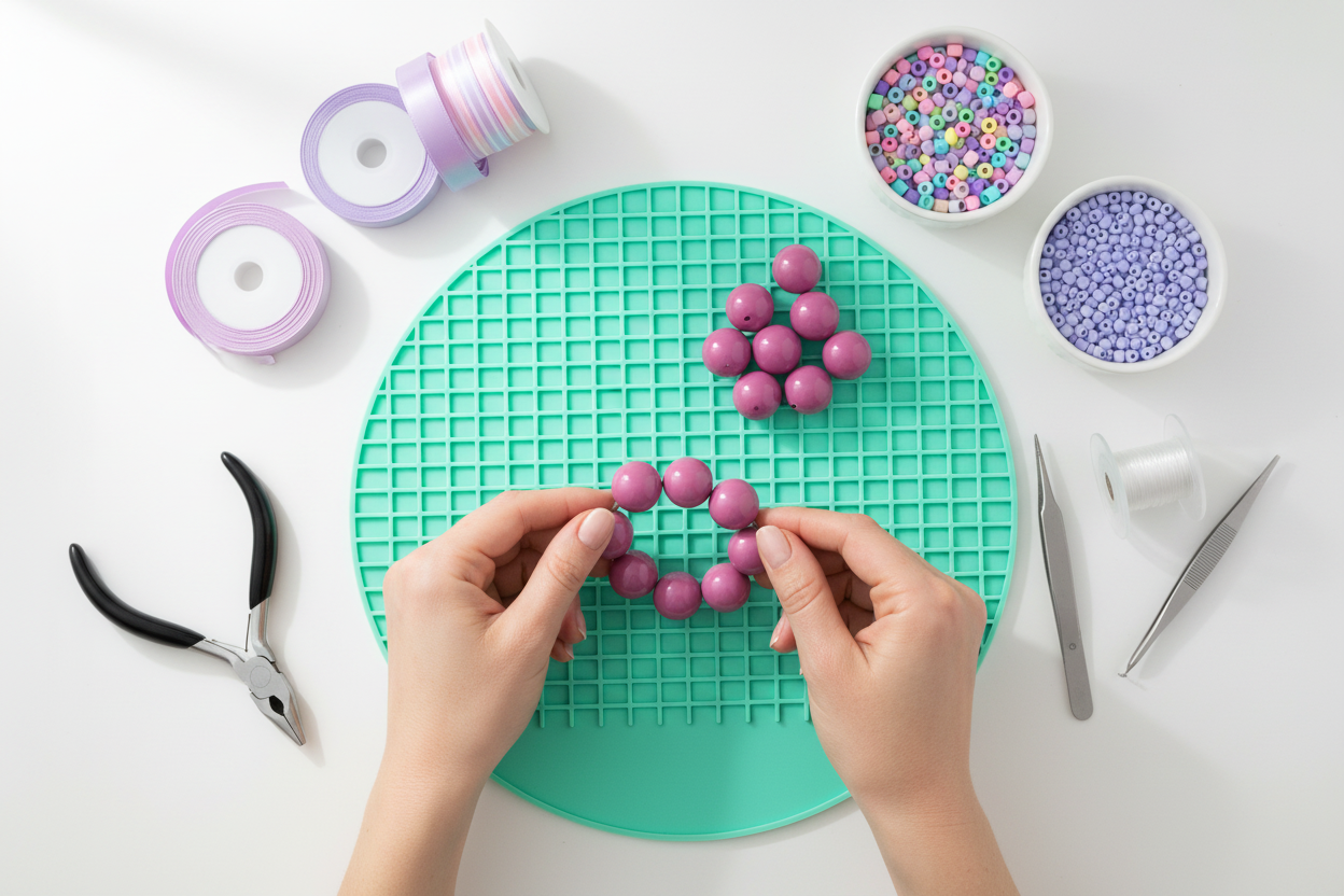 Person making a bracelet with purple beads on a green mat, surrounded by crafting supplies.