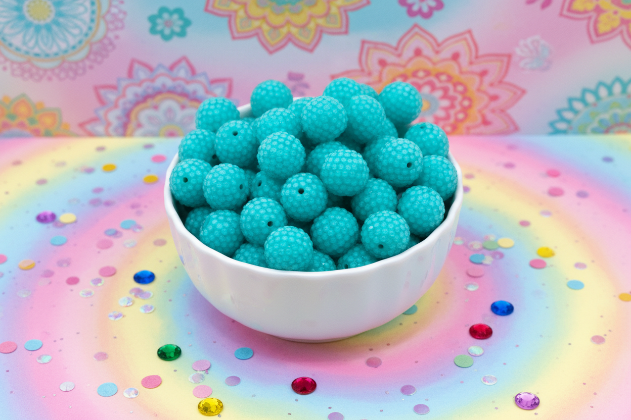A white ceramic bowl filled with teal blue rhinestone bubblegum beads, set against a pastel rainbow background with colorful confetti and floral mandala patterns.