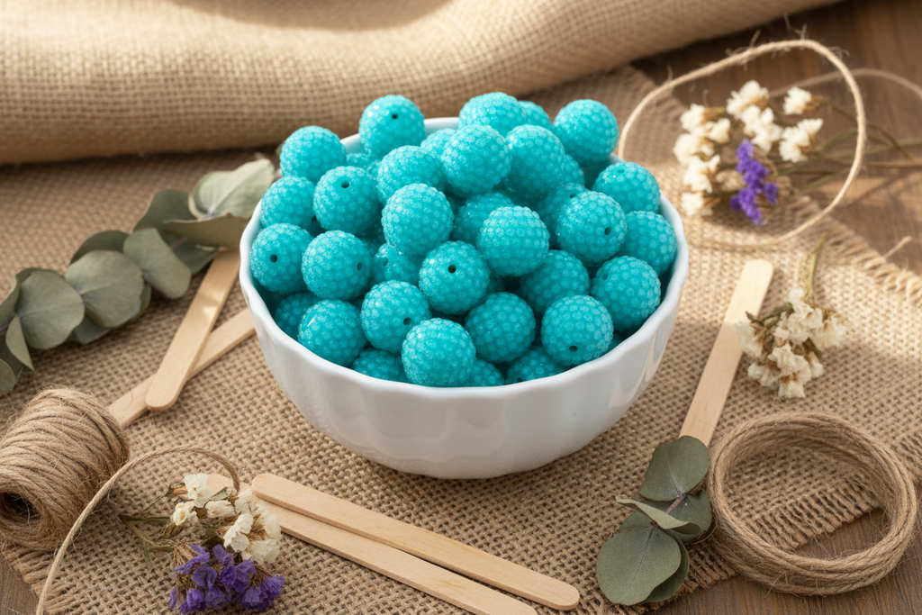 A white ceramic bowl filled with teal blue rhinestone bubblegum beads, styled on a burlap surface with twine, wooden sticks, eucalyptus leaves, and small dried flowers.
