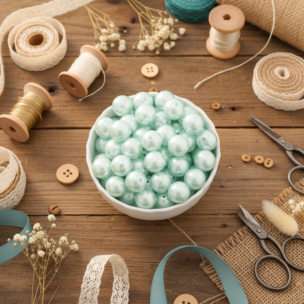 blue bubblegum beads in a white bowl on a wood craft table with ribbon and scissors 