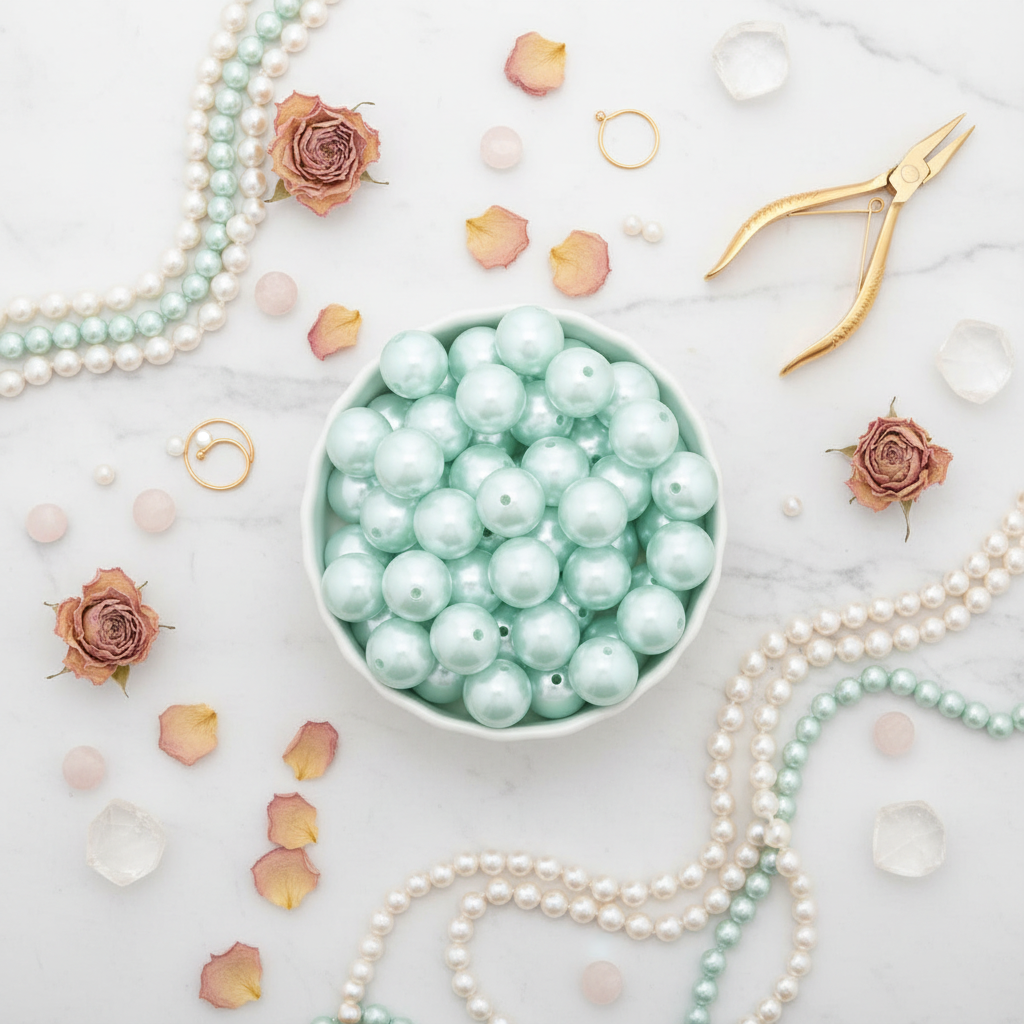 blue bubblegum beads in a white bowl on a white background with flower petals and beads 