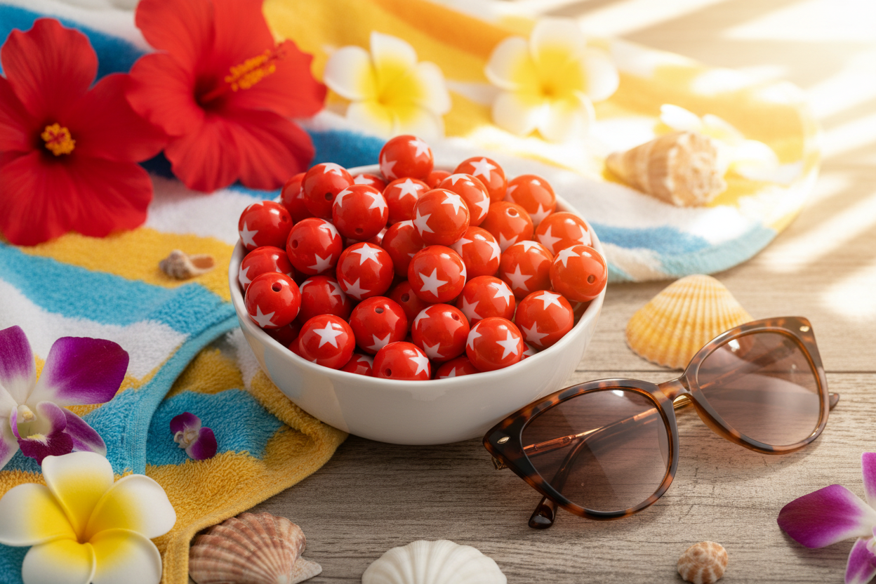 Bowl of red beads with white stars on a wooden surface with sunglasses and flowers.