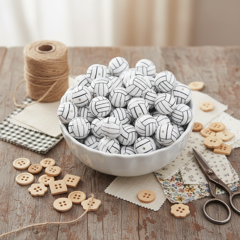 A white ceramic bowl filled with volleyball bubblegum beads, styled on a rustic wooden table with craft props including buttons, twine, scissors, and patterned paper.
