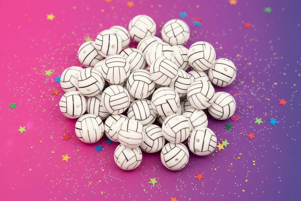 A pile of volleyball bubblegum beads on a pink-to-purple gradient background with colorful star confetti.