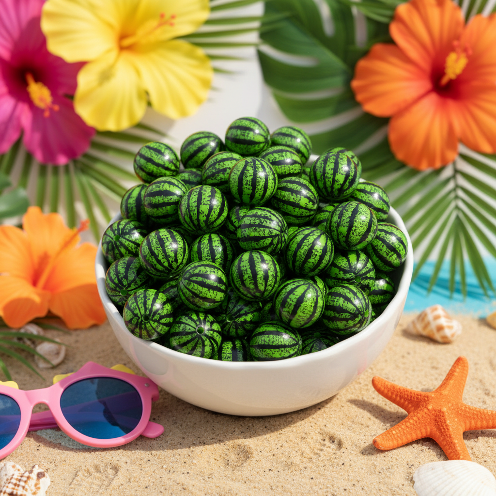 A white bowl filled with green watermelon striped bubblegum beads, styled on sand with tropical flowers, palm leaves, sunglasses, shells, and a starfish.