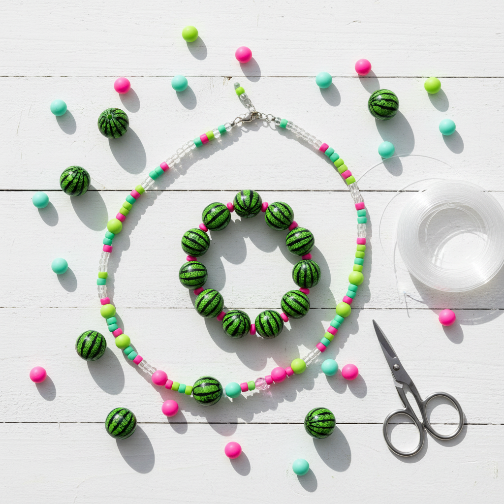 A flat-lay of a beaded jewelry set featuring a necklace and matching bracelet with watermelon-patterned beads, pink and mint green beads, and clear beads, styled on a white wooden background with scissors and loose beads.