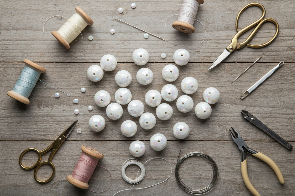 Assorted jewelry-making supplies including beads, spools of thread, scissors, and pliers on a wooden surface.