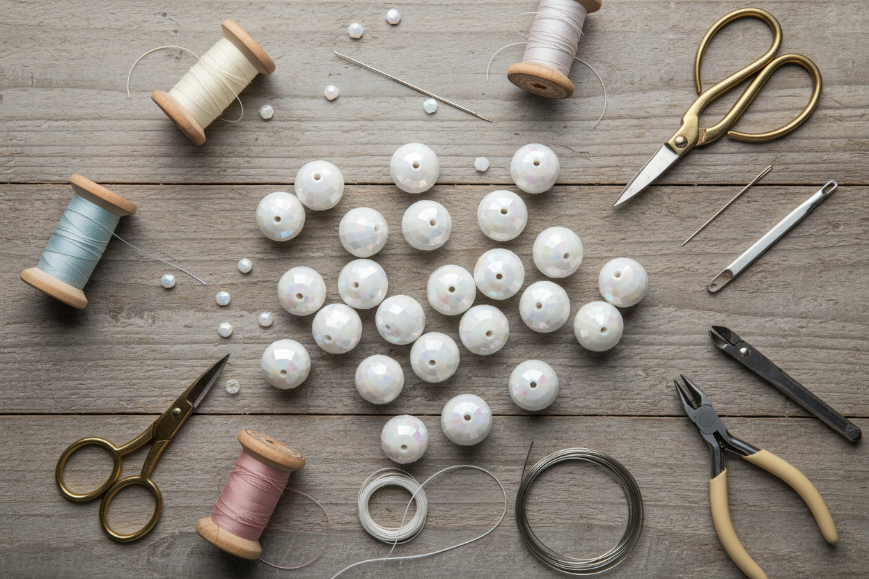 Assorted jewelry-making supplies including beads, spools of thread, scissors, and pliers on a wooden surface.