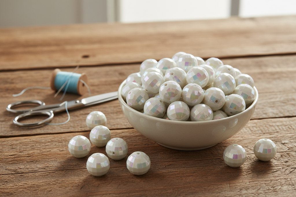 Bowl of white faceted beads on a wooden table with scissors and thread spool.