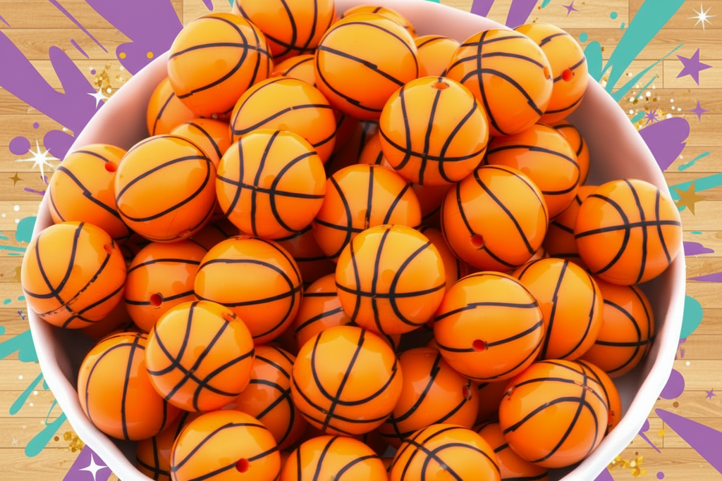 A white bowl filled with orange basketball bubblegum beads arranged on a colorful graphic background with purple, teal, and wood tones.