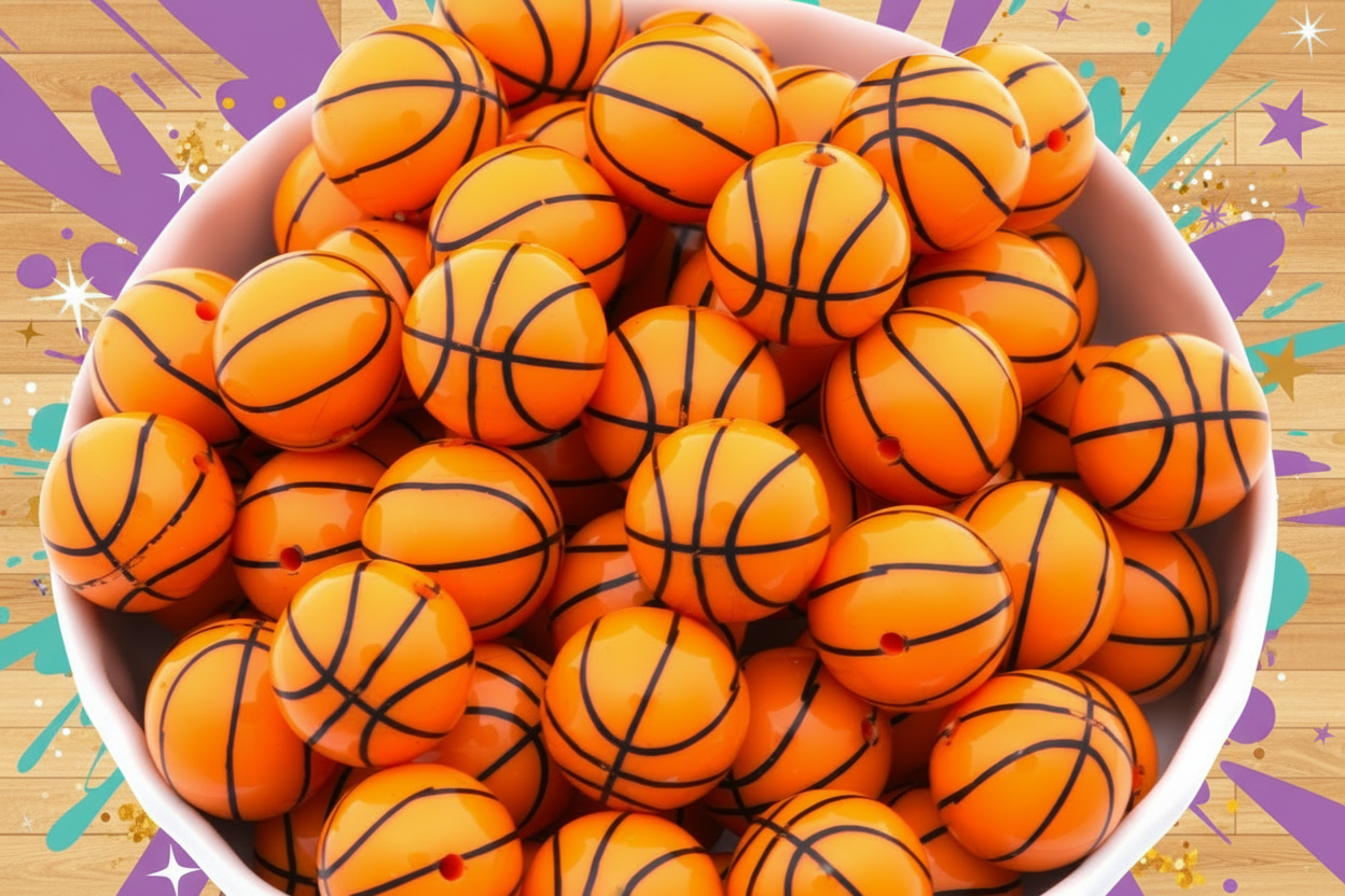 A white bowl filled with orange basketball bubblegum beads arranged on a colorful graphic background with purple, teal, and wood tones.