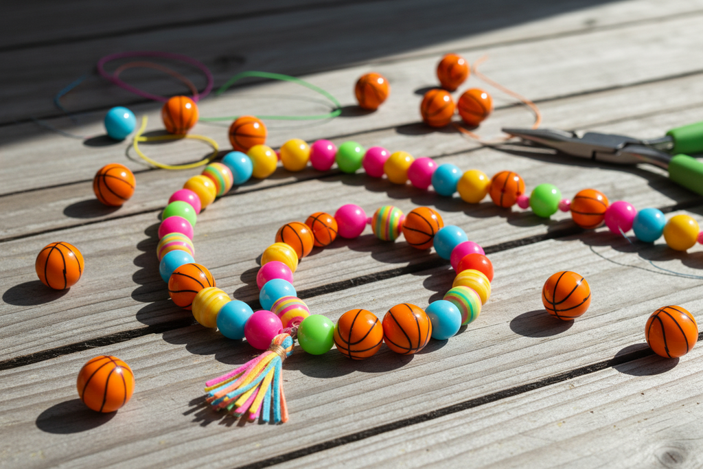 A colorful beaded bracelet made of  basketball-themed beads and bright solid beads, displayed on a weathered wooden surface with pliers and loose beads nearby.