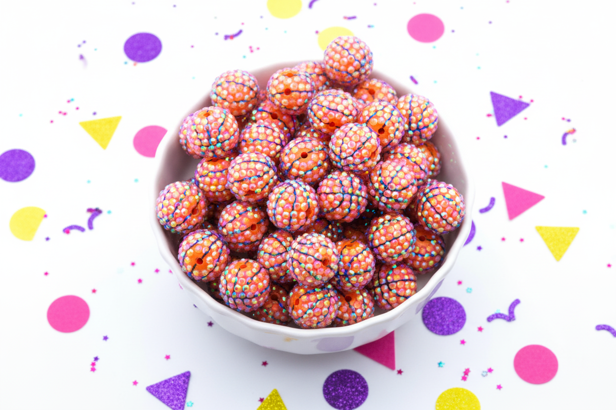 White bowl filled with rhinestone basketball beads on a white background with colorful confetti.