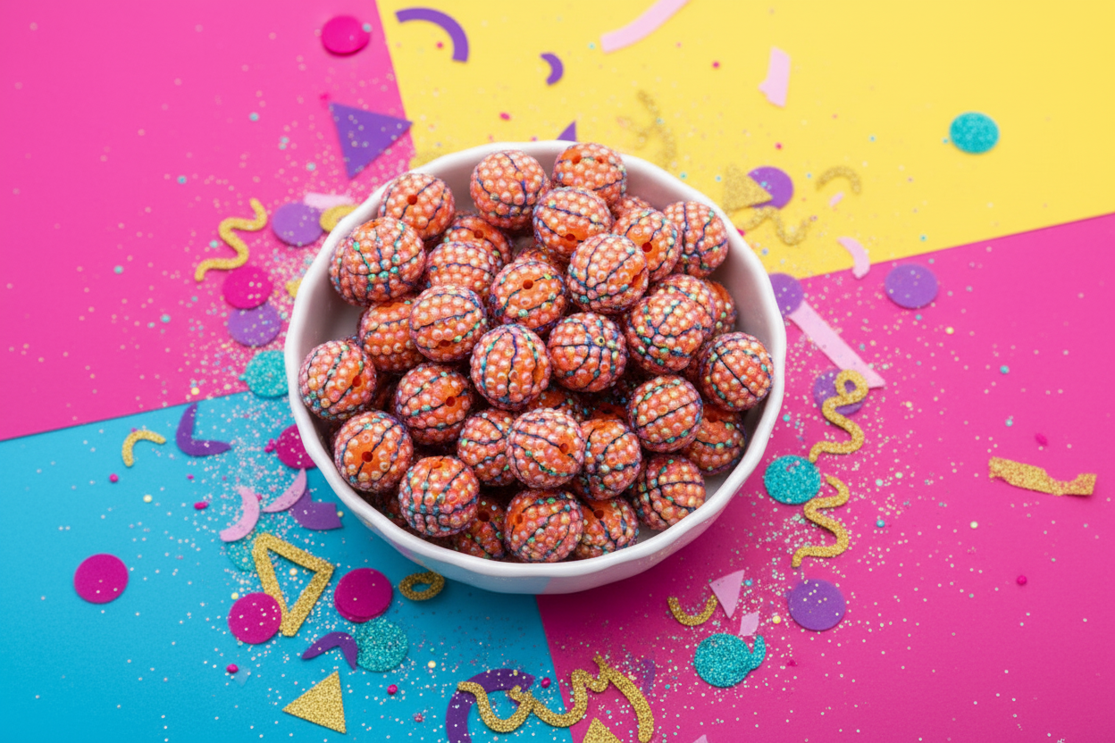 rhinestone basketball beads in a bowl on a colorful background