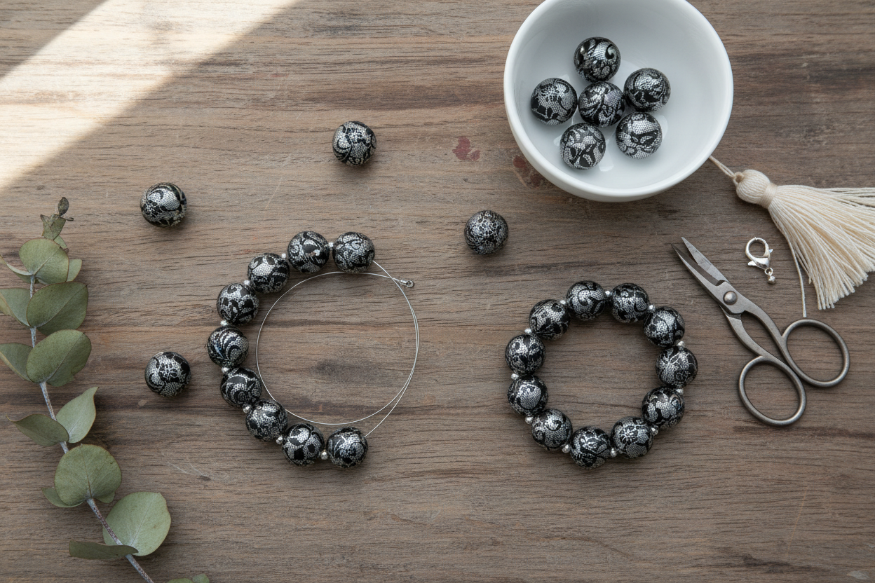 Black and silver lace patterned beads arranged on a wooden surface, with two wire loops holding bead strands, a small white bowl of loose beads, silver scissors, a cream tassel, and eucalyptus leaves.