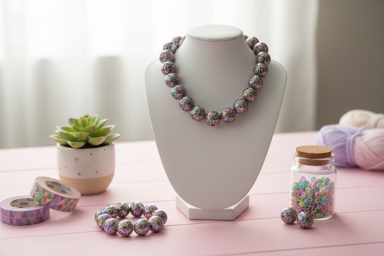 cheetah print iridescent beads shown as a necklace on a mannequin bust with beads and jars on a pink surface.