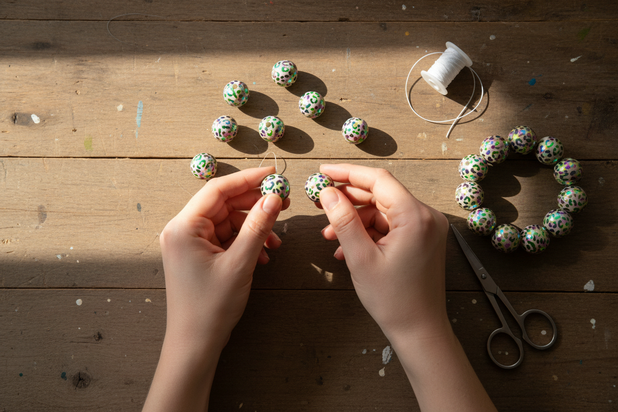Hands working on a craft project with cheetah print beads and thread on a wooden table.