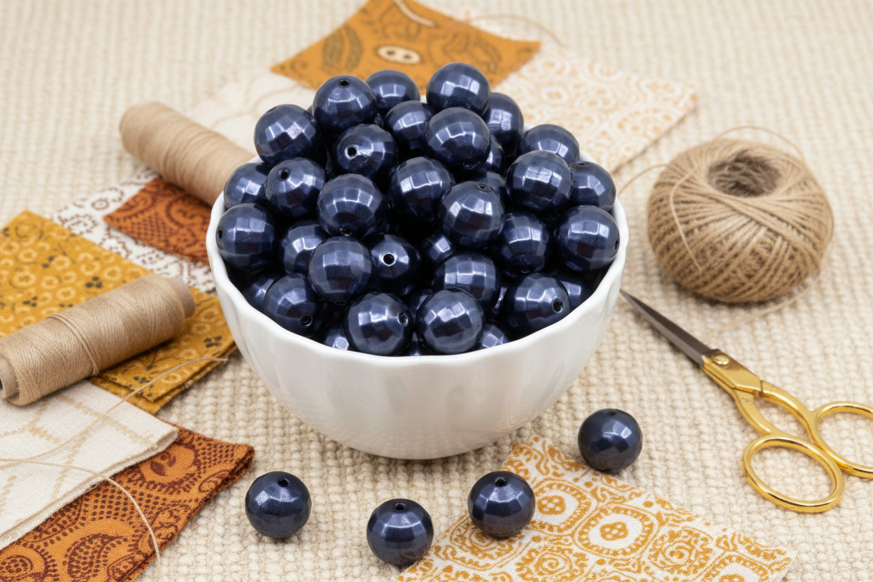 A white ceramic bowl filled with dark blue faceted beads, styled on a beige fabric background with sewing props including thread spools, patterned fabric squares, twine, and gold-handled scissors.