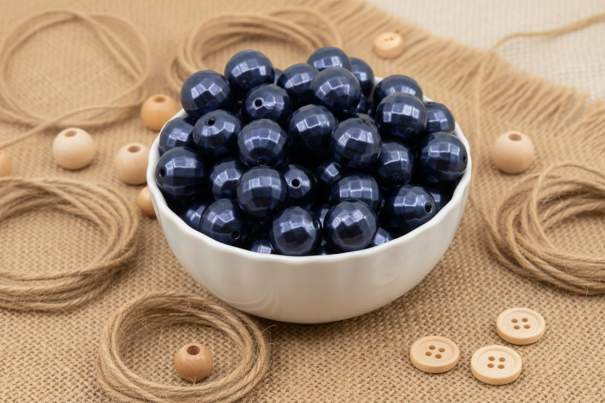 A white ceramic bowl filled with dark blue faceted beads, arranged on a burlap surface with loose twine, wooden buttons, and small wooden beads around it.