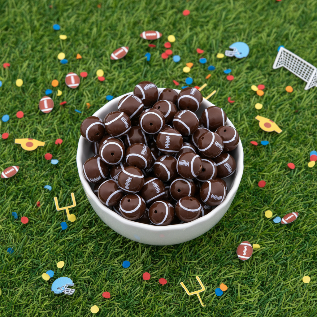 White bowl filled with football beads on a grassy field with sports-themed confetti.
