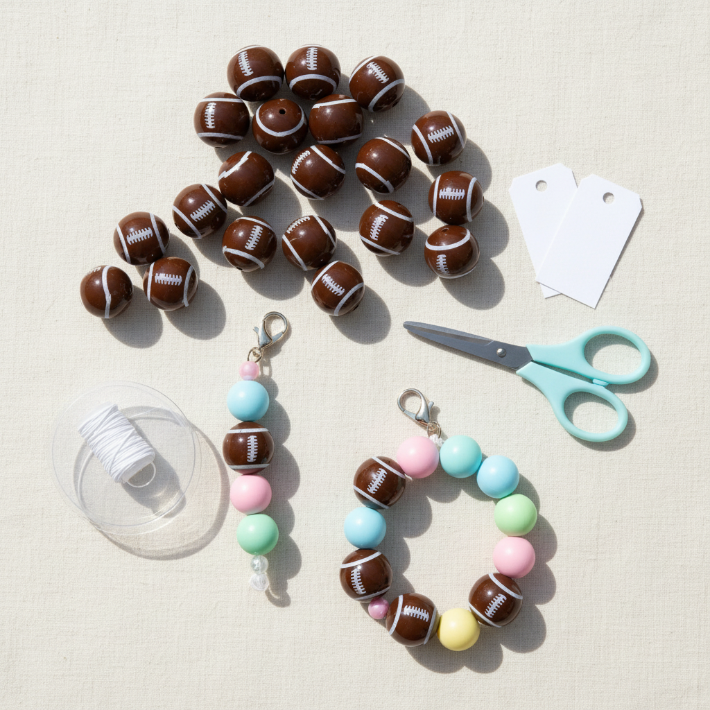 Colorful beaded keychains with football designs on a beige surface with scissors and tags.