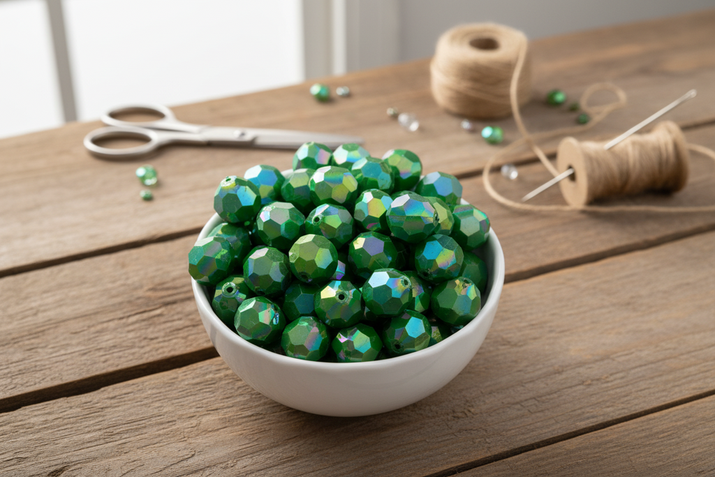 Green beads in a white bowl on a wooden table with scissors and twine.