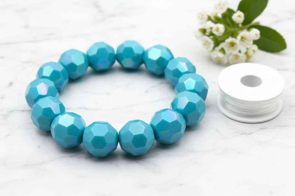 blue faceted beads displayed as a  beaded bracelet on a light surface with a small spool of white thread and white flowers in the background.