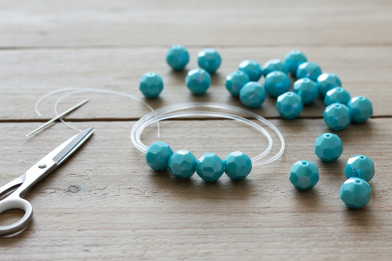 faceted blue beads on a string with scissors on a wooden surface