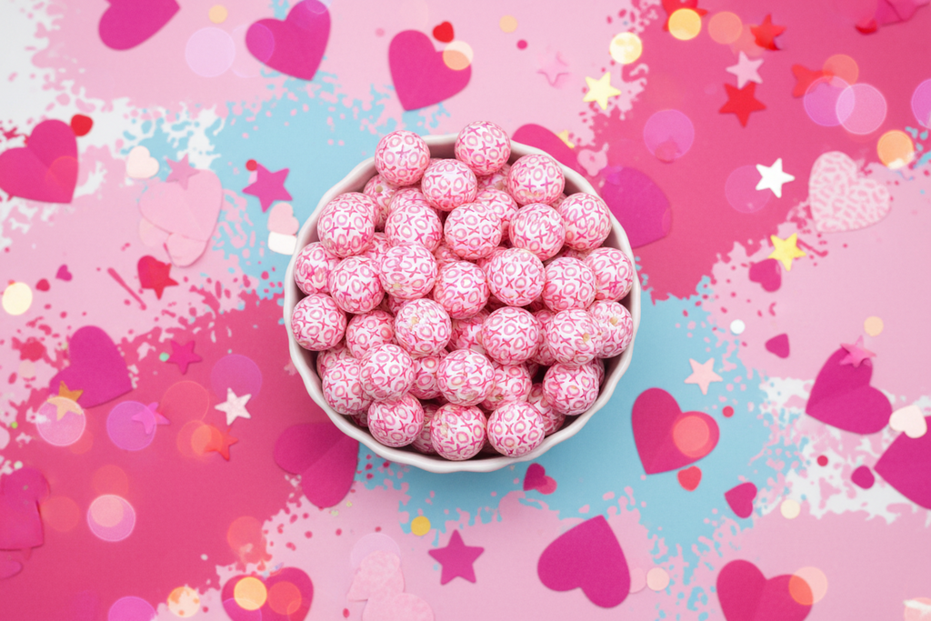 Pink beads with XOXO pattern in a bowl on a colorful heart and star patterned background